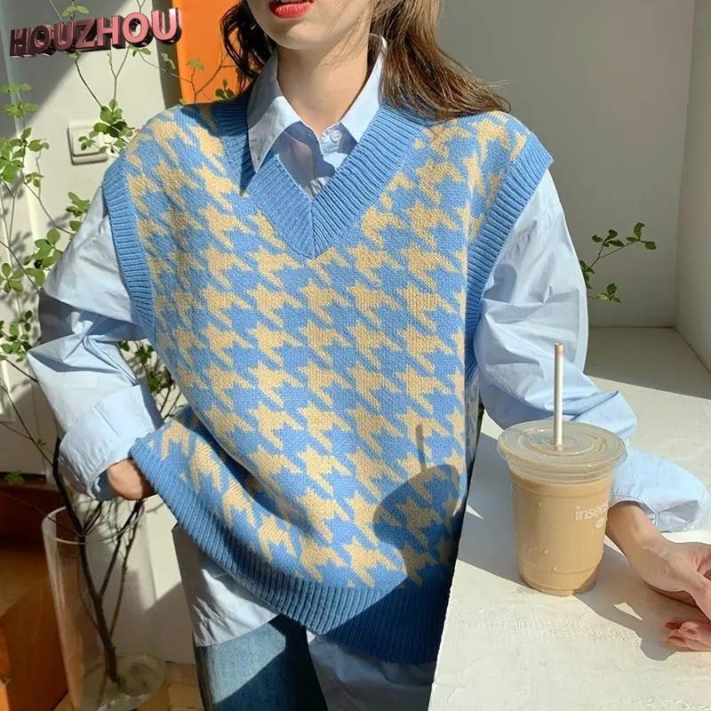 

Houndstooth Клетчатый жилет Осень Женщины Свитер Жилет V-образный вырез Без рукавов Вязаный Винтаж Свободный Негабаритный Женский свитер Жилет Женская одежда