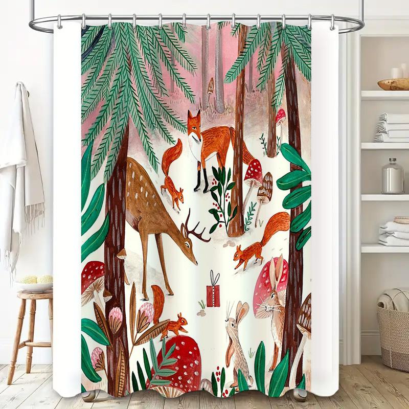 Forest Animals Shower Curtain Woodland Deer Fox Rabbit Nature Bathroom Decor Vintage Rustic Home Decor Farmhouse Style Backdrop