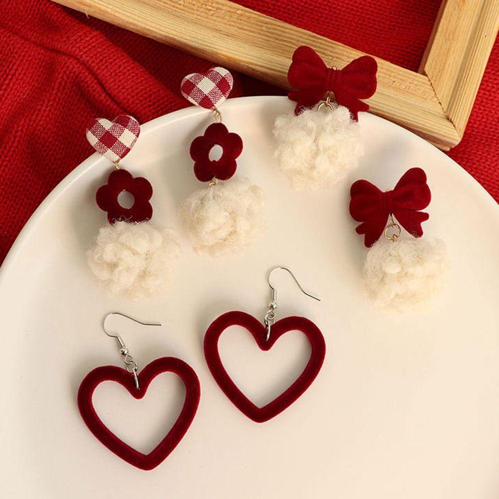 Gifts Wine Temperament Christmas Earrings Red Velvet Ear Clip Heart Stud Earrings Jewelry Gifts