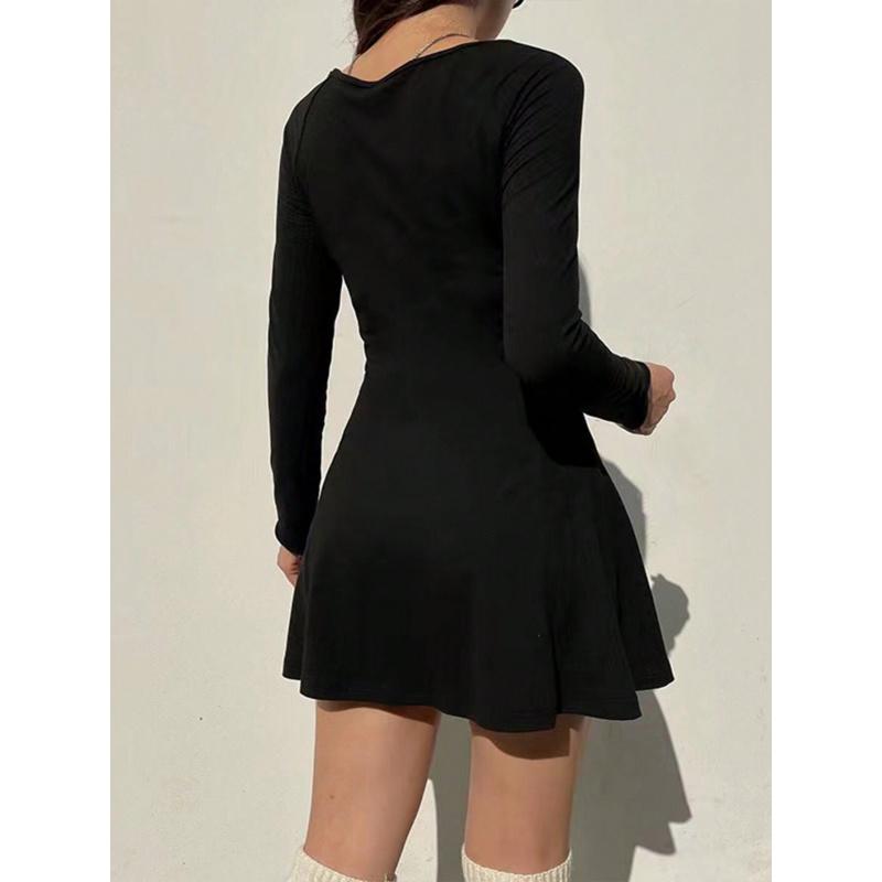 New Spring/Summer Women'S Fashion Simple Black Square Neck Dress Versatile Elegant Long Sleeve Short Dress