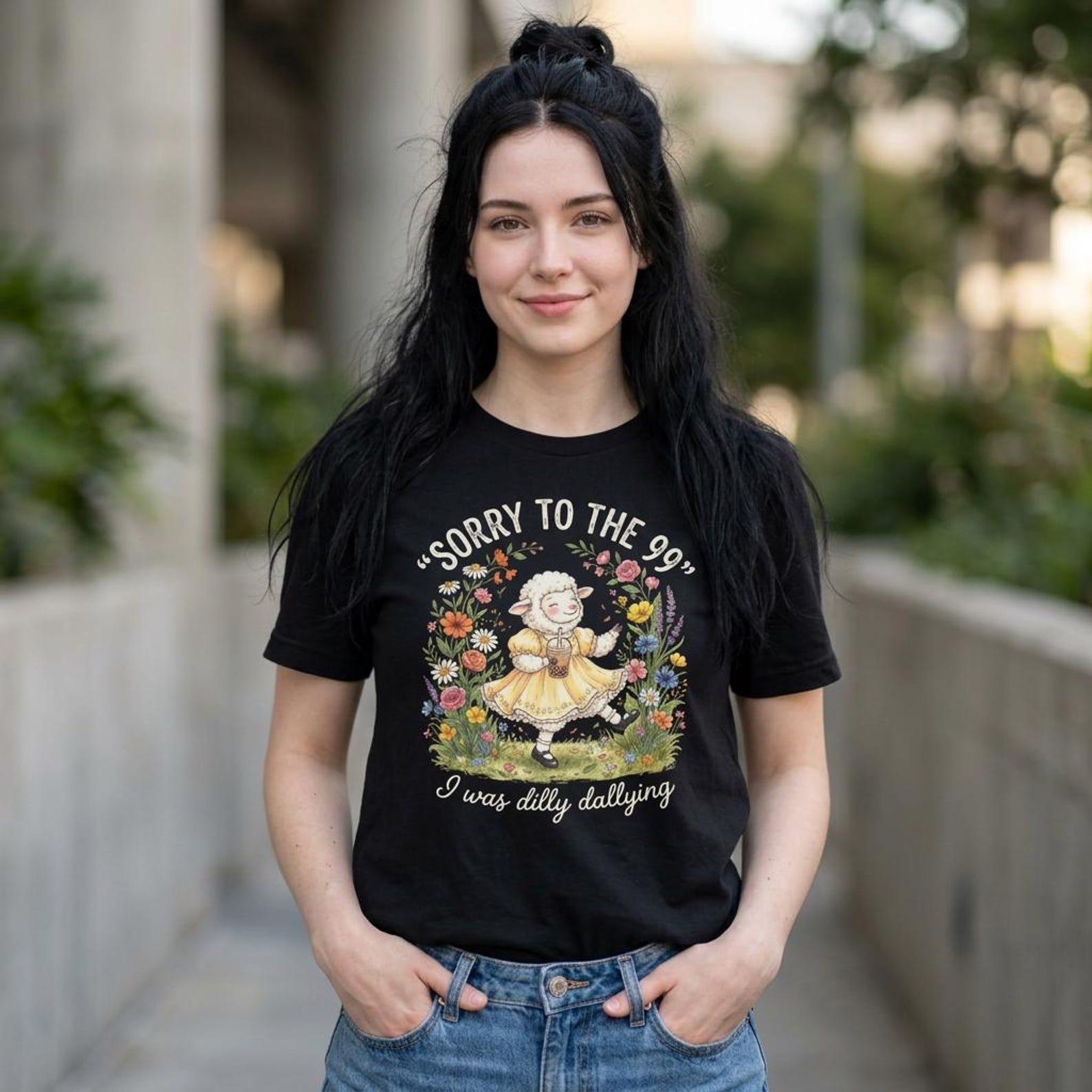 Funny Sorry to The 99 I Was Dilly Dallying T-Shirt; Christian Lost Sheep Floral Tee; Cute Jesus Leaves 99 Faith Top L