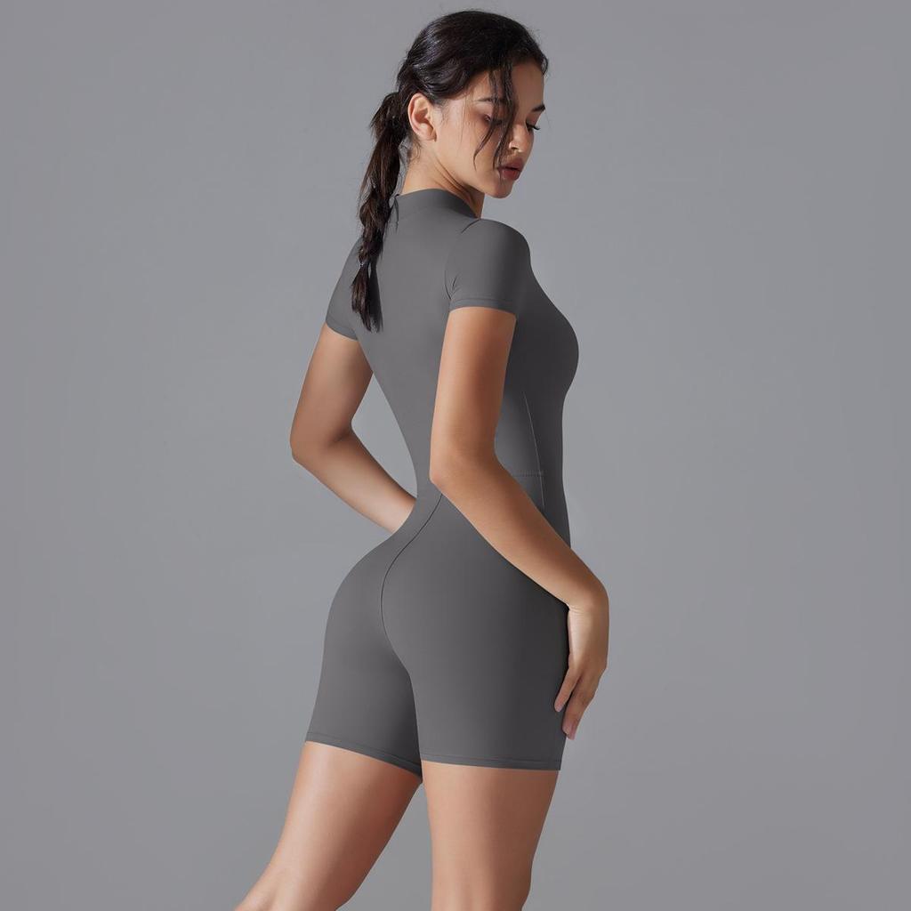 Nude Feel Stand-Up Collar One-Piece Yoga Bodysuit with Half-Zip & Short Sleeves