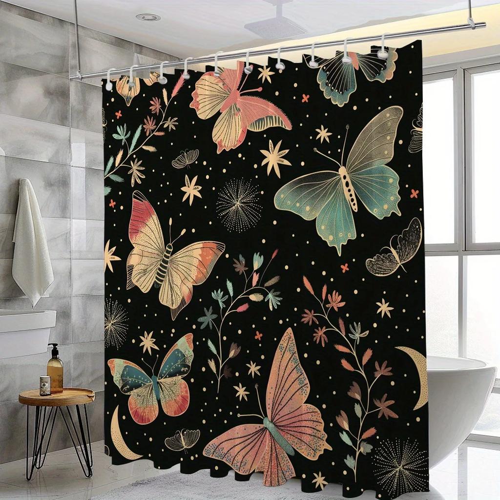 1pc Butterfly Print Shower Curtain - Polyester, Vibrant Butterfly & Floral Design, Black Background, Modern Decor