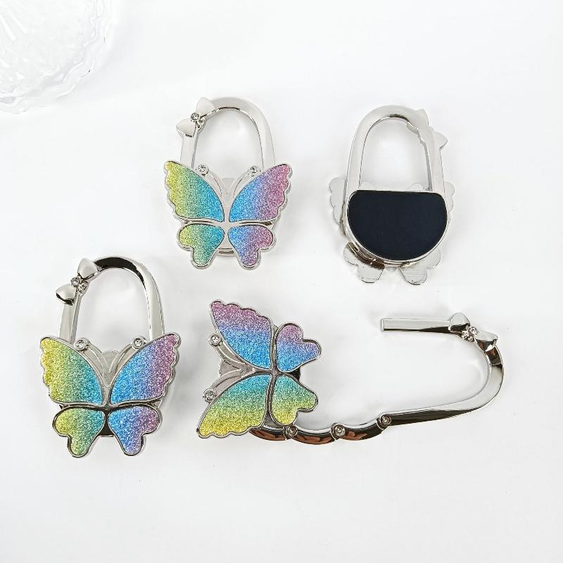 Foldable Sturdy Butterfly Purse Hook Colorful Glitter Metal Frame Table Bag Holder for Cafe Bar Outdoor Use