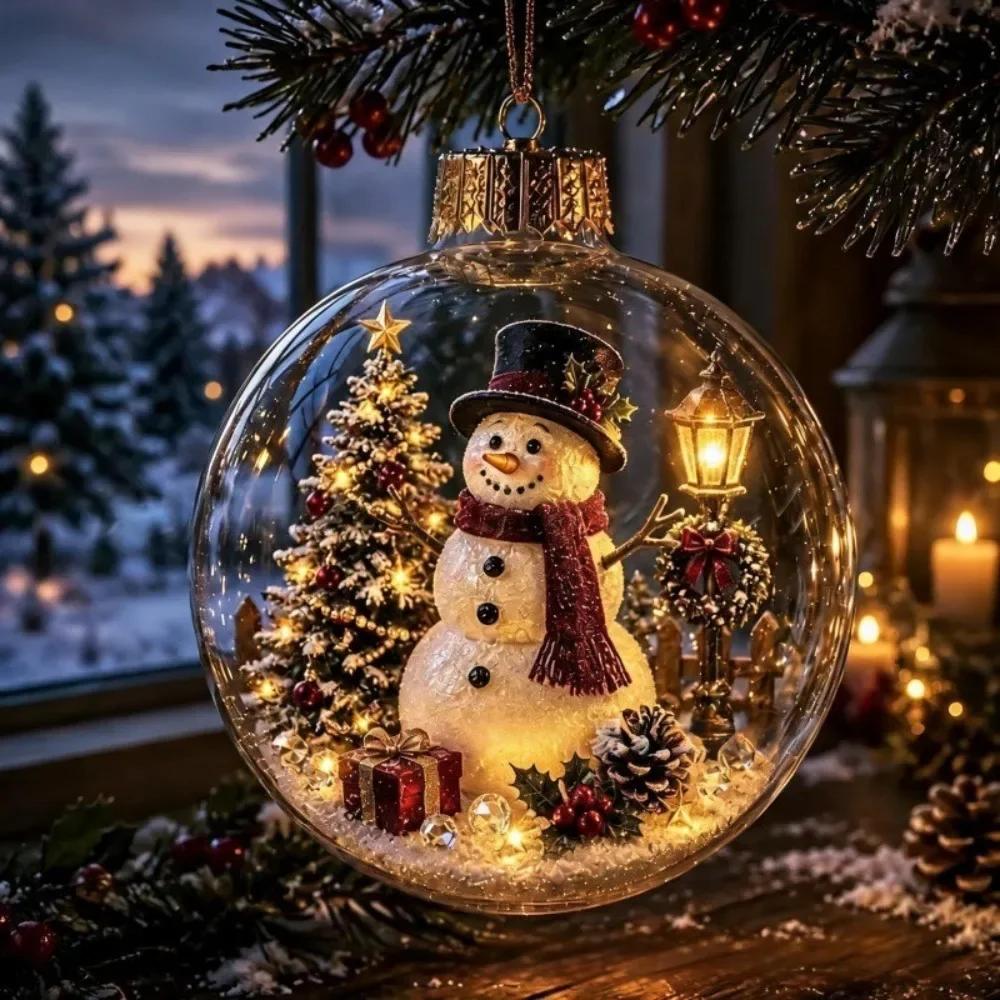 2pc Acrylic Material Christmas Ball Ornament Transparent Design with Light Santa Claus Pendant Hanging Christmas Decor