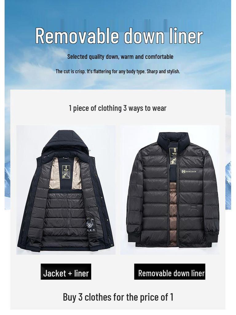 Men's Mid-Length Fitted Down Jacket with Detachable Liner - Business Casual Winter Wear