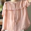 Women's Ruffled Linen Blend Blouse Casual Button Down Short Sleeve Top