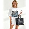 Black Oversized T-Shirt Blue Jeans And Pearls Kinda Girl Graphic Print Casual Summer Outfit For Women