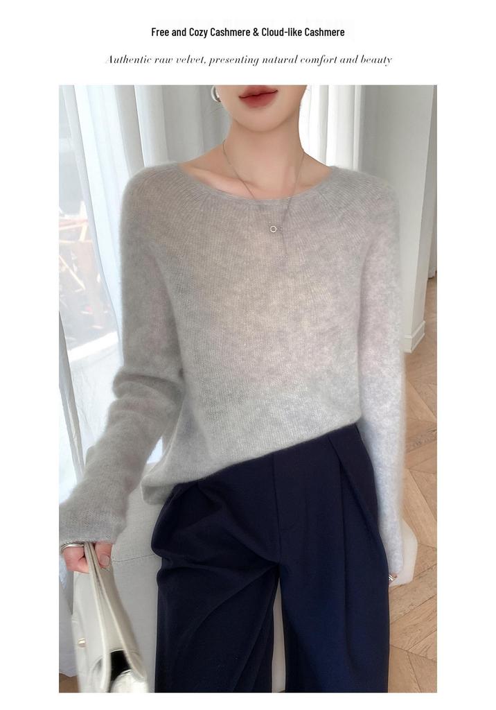 Elegant One-Shoulder Mulberry Silk Cashmere Sweater for Women - Slimming Autumn/Winter Knit Base Layer