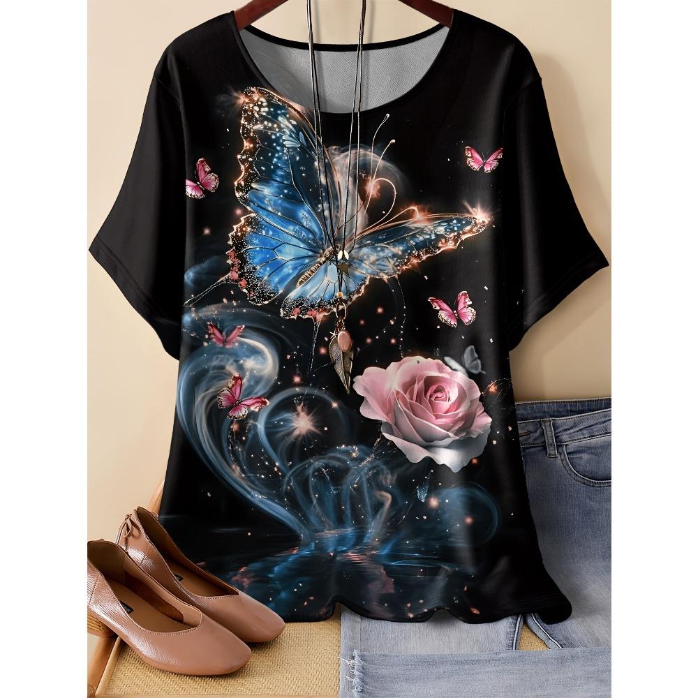 

Summer Womens Retro Pattern 3D Printed Color Flowers T-shirt Loose Comfortable Soft Breathable Large Size Fashion O-neck T-shirt S