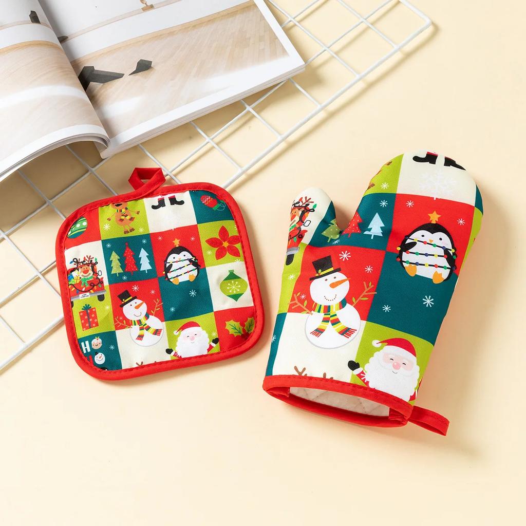 Christmas Microwave Oven Gloves Set Kitchen Household Anti-scalding Baking Christmas Gloves Thickened Insulated Oven Gloves