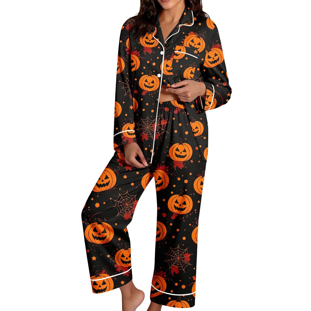 Set Pigiama da Donna a Manica Lunga con Stampa di Halloween e Pantaloni per la Notte