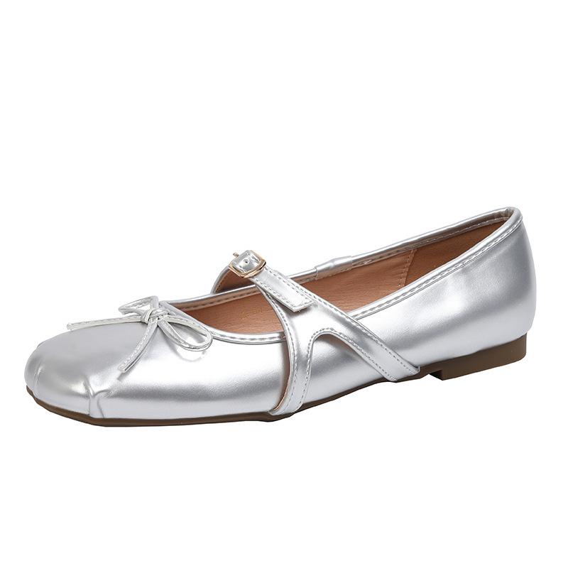 Sheepskin Version~ Silver Temperament Retro Single Shoes French Ballet Shoes Women's Bow Square Head Light Mouth Soft Flat Shoes
