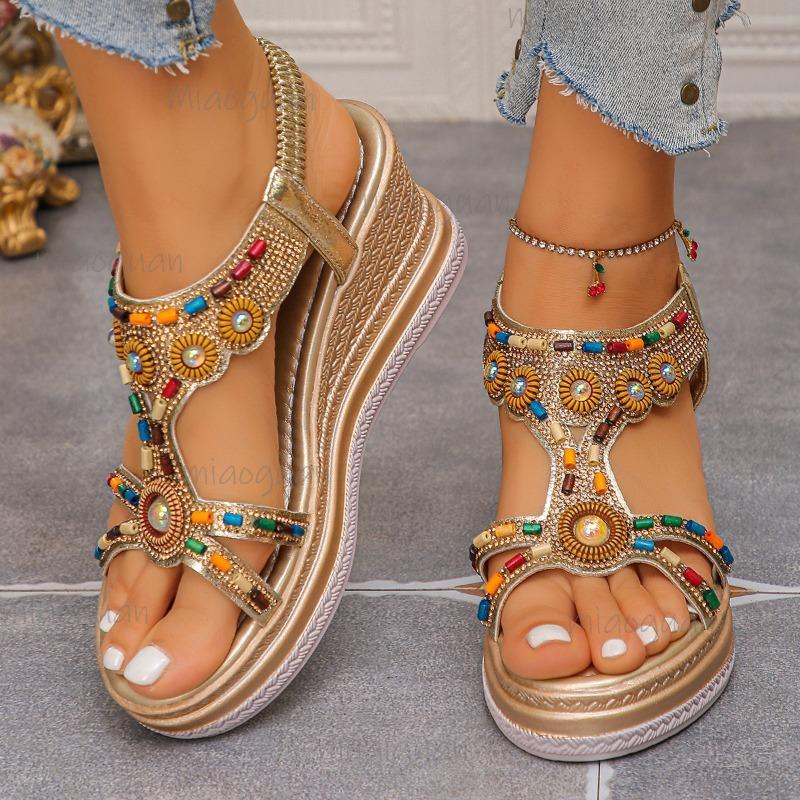 Casual Summer 2025 Open-Toe Beach Sandals with Beads Bohemian Platforms Sandals for Women's Footwear Sandalias De Mujer