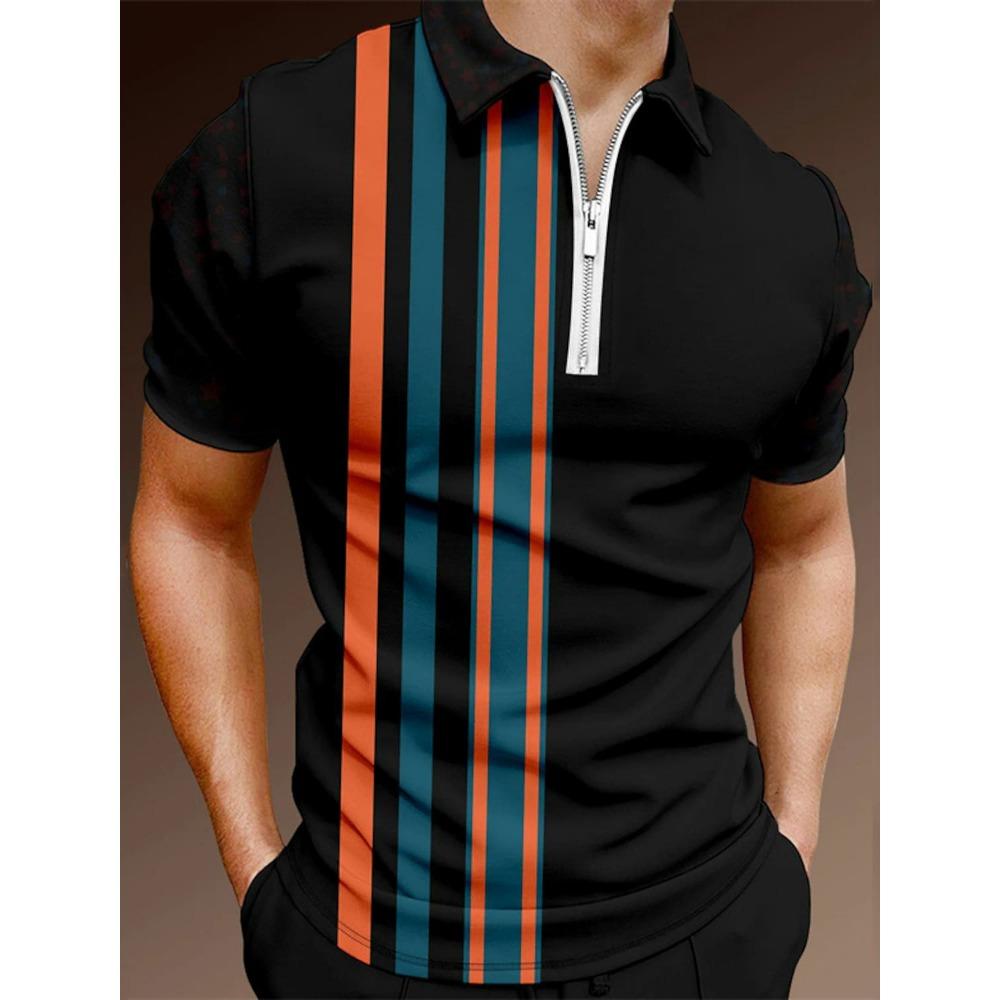 Men's Polo Shirt Business Casual Collar Retro Short Sleeve Zipper Golf Top