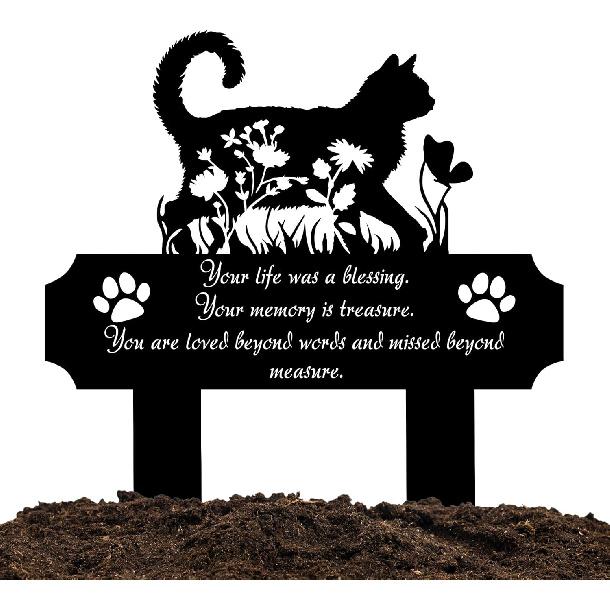 Cat Grave Marker Outdoor Memorial – 12in Metal Pet Memorial Plaque with Garden Cat Silhouette, Weatherproof Headstone for Yard or Indoor Tribute,