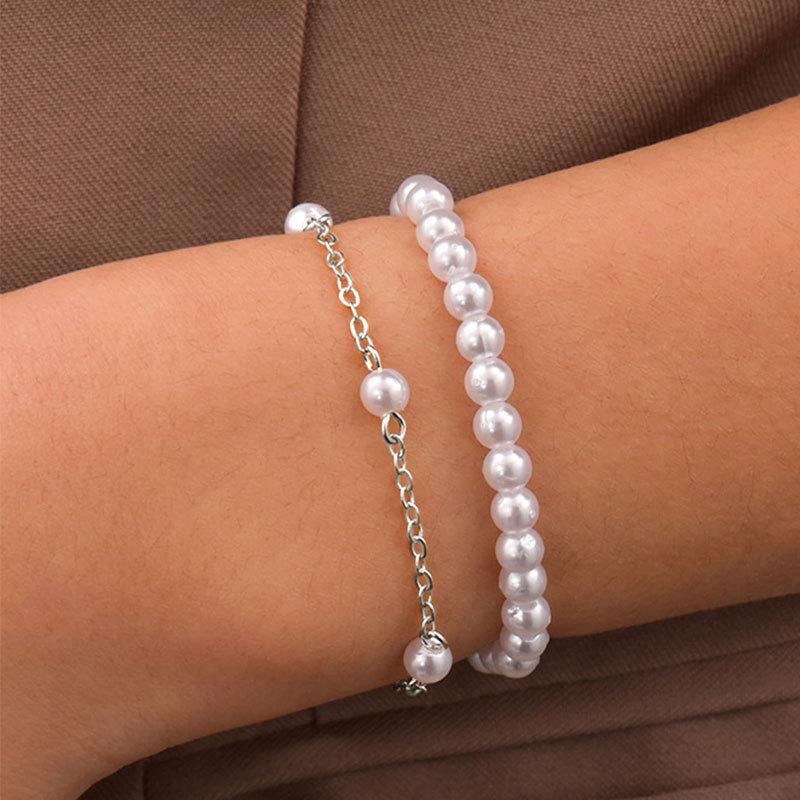 Heiß verkaufendes Imitationsperlenarmband zweiteiliges Set Damen 4mm künstliche Perlenkettenarmband Schmuck