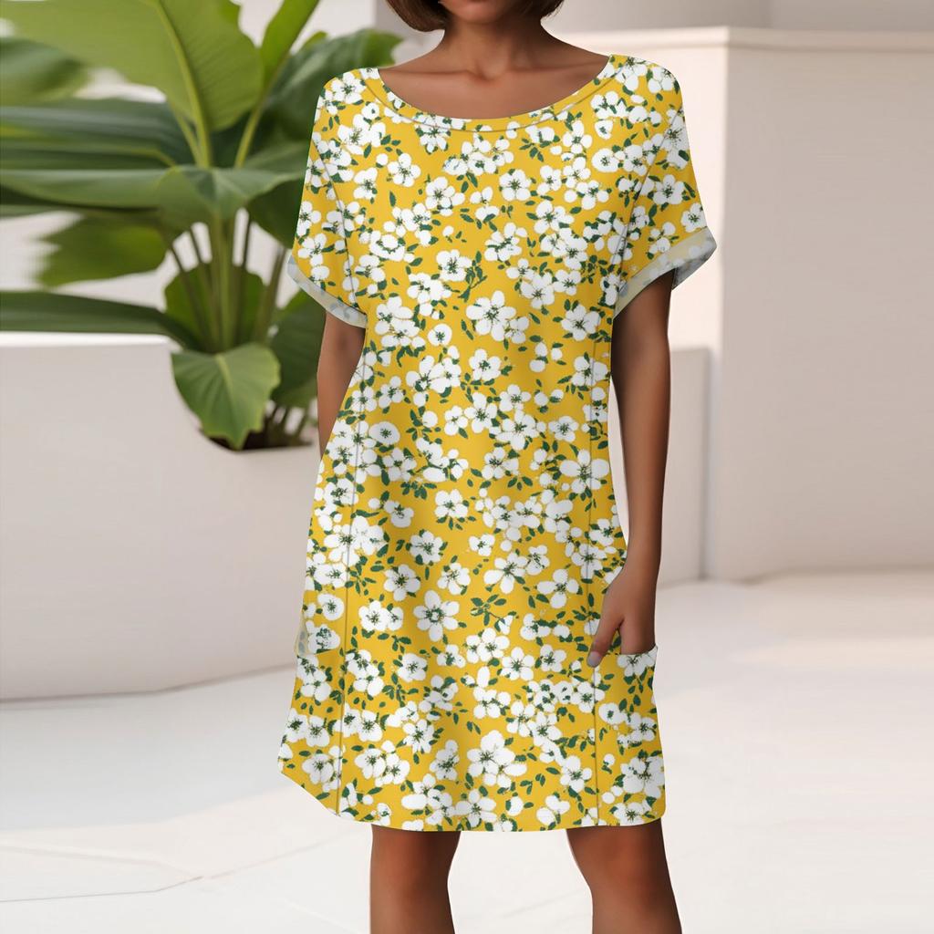Damenmode Kurzarmkleid mit Taschen Blumendruck Lässiges Strandkleid