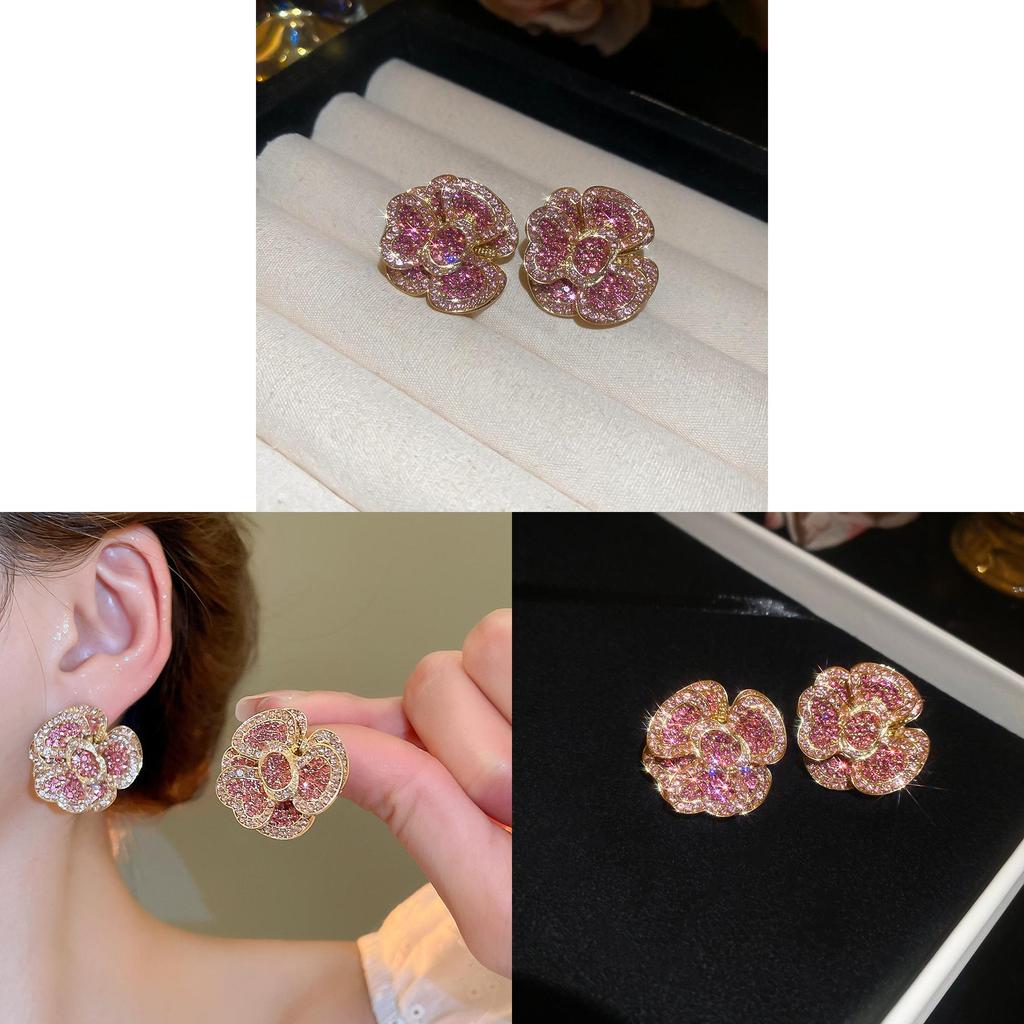 Minimalist Flower Silver Needle Earrings With Sparkling Zircon For Office Wear Women