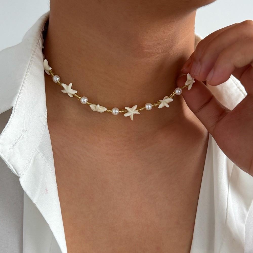 Adjustable Imitation Pearl Choker White Goth Clavicle Chain Vintage Boho Starfish Necklace Jewelry