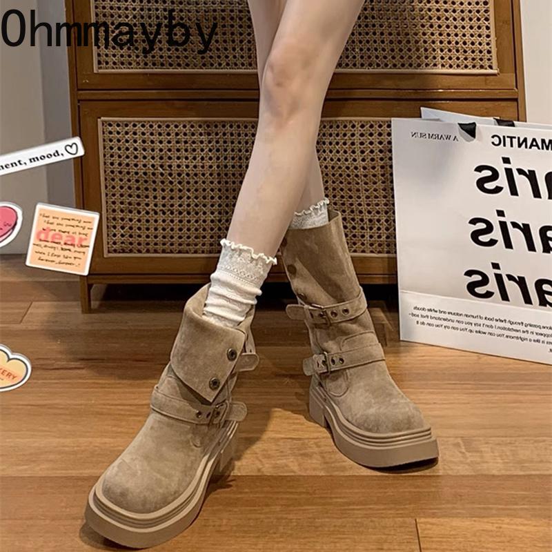 Vintage Platform Thick Bottom Women Western Cowboy Boots Fashion Belt Buckle Height Increase Female Mid Calf Booties
