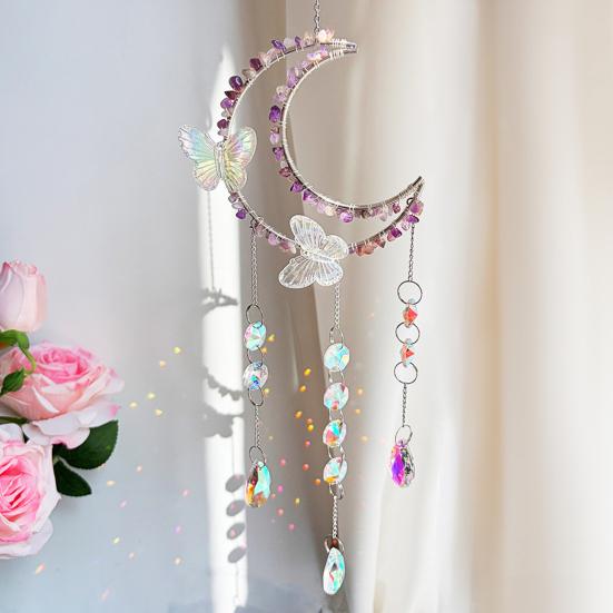 Crystals Suncatcher, Hanging Moon Butterfly Sun Catcher with Glass Prisms for Windows, Healing Crystal Decor for Home, Gift for Christmas Birthday