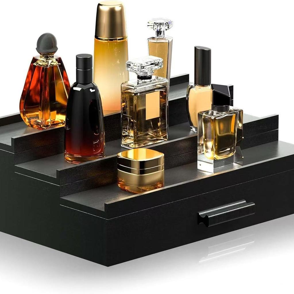 Espositore per Profumi in Legno con Cassetto, Organizer a Gradini a 3 Livelli per Cosmetici, Scatola Porta Trucchi per Comodino e Bagno