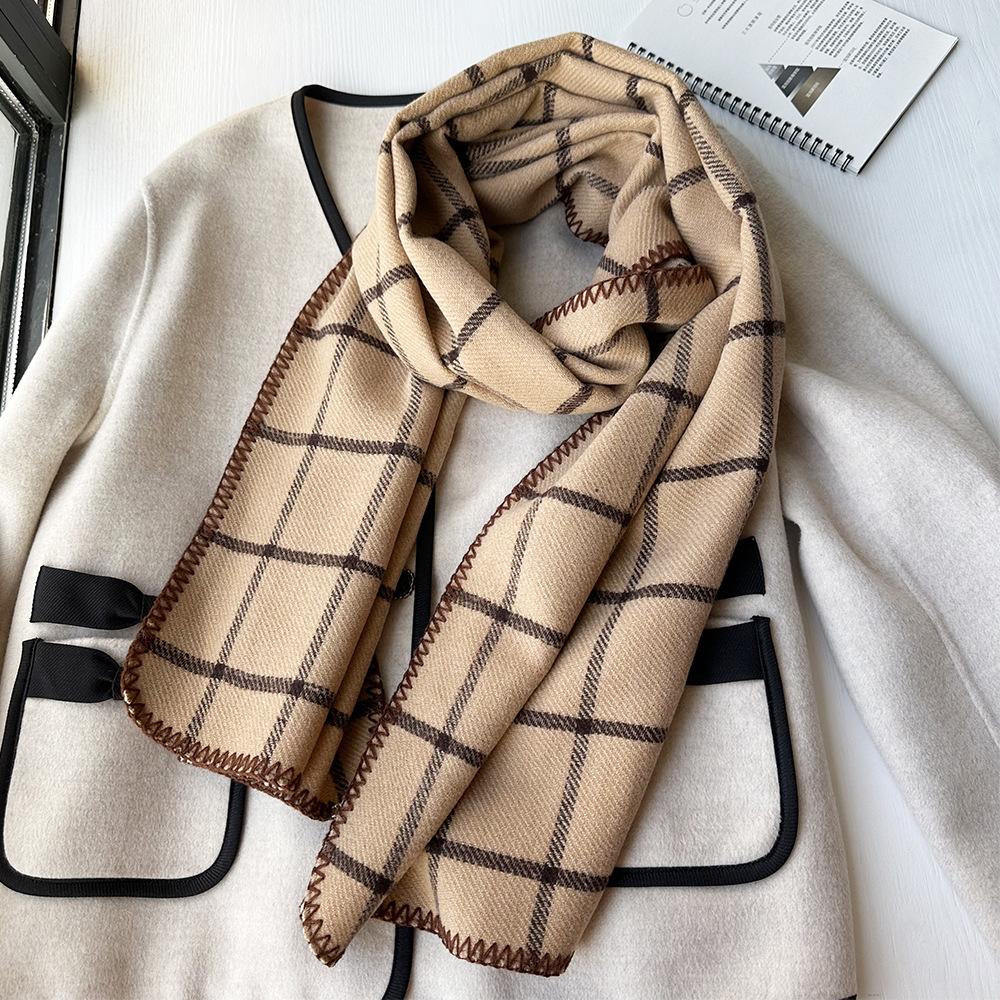 Double sided Scarf for Women in Autumn and Winter Korean Style Checkered Imitation Cashmere Neck Scarf with Edge Thickened and High End Shawl Trend