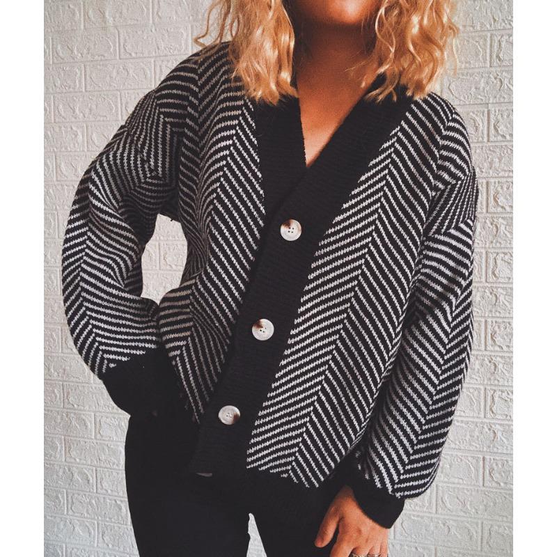 Striped Knitted Cardigan Women's Loose Sweater Single Breasted Buckle Casual Long Sleeved Jacket Warm Comfortable Commuter Tops Autumn and Winter