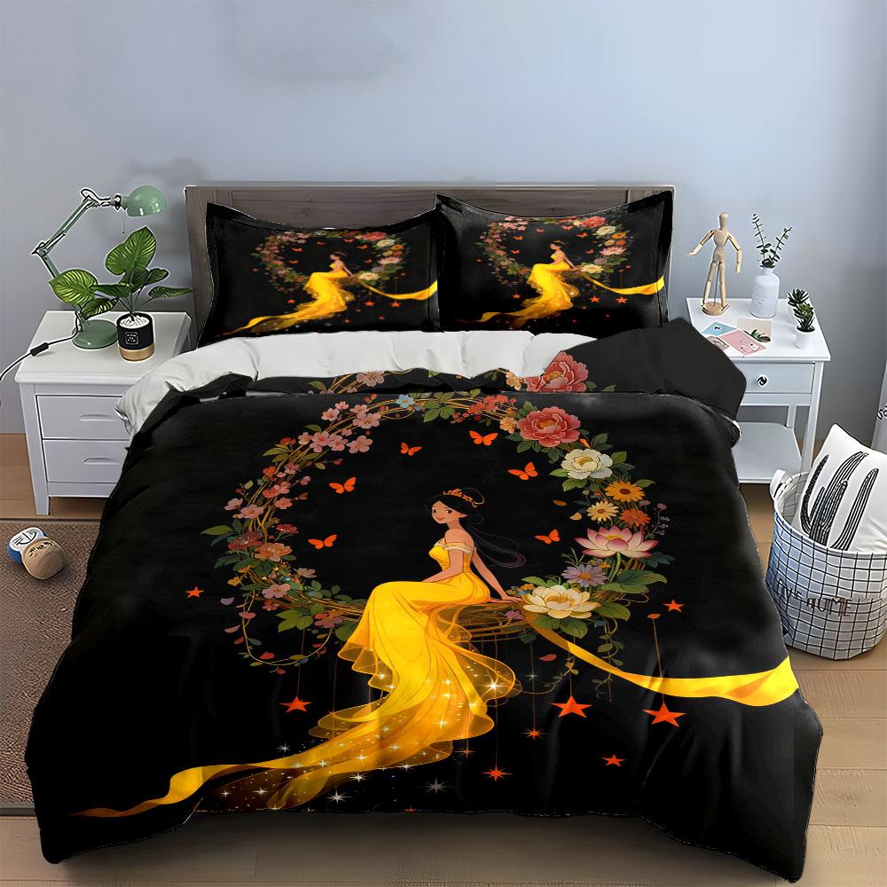 Elegant Floral Yellow Dress Set Soft Comfortable Duvet Cover Bedding Set Included 1*Duvet Cover & 2*Pillowcases, Gift