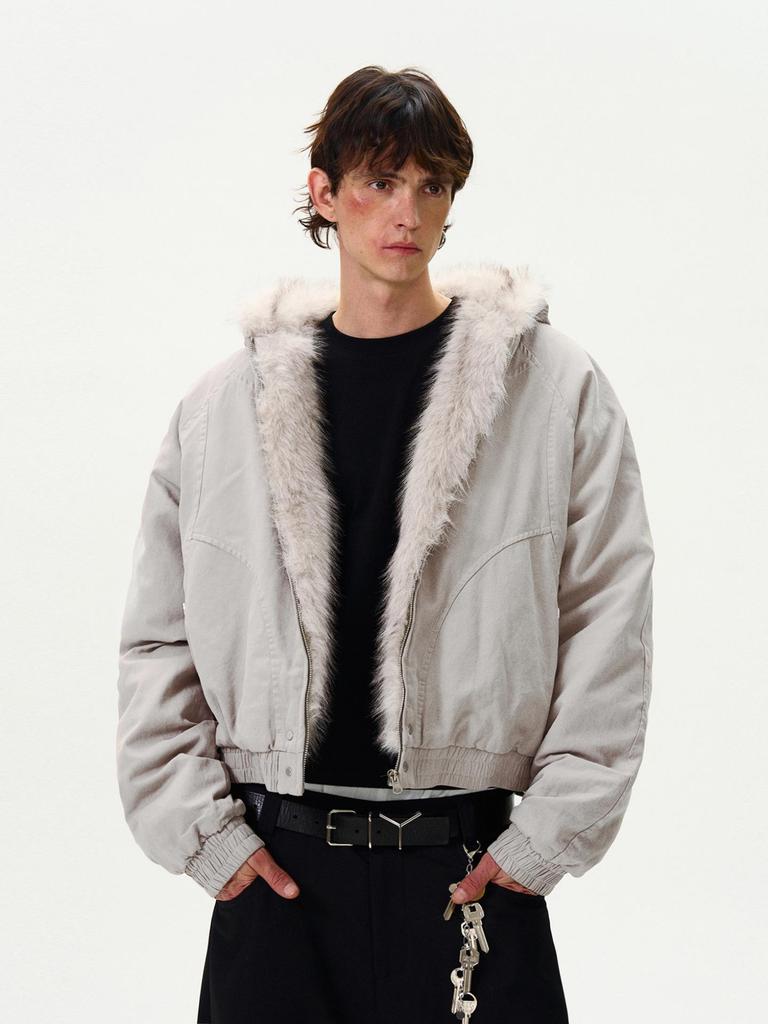 Deconstructed Panel American Retro Fur Collar Short Hooded Jacket