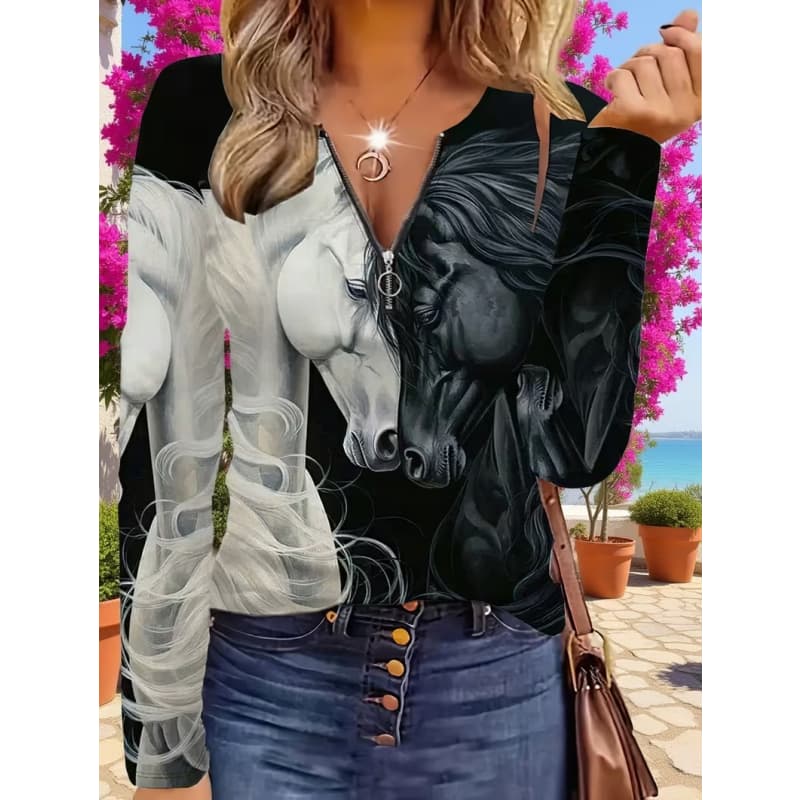 Kreatives bedrucktes Reißverschluss-Langarm-T-Shirt für Damen, atmungsaktiv, weich und bequem, geeignet für lässige Kleidung das ganze Jahr über