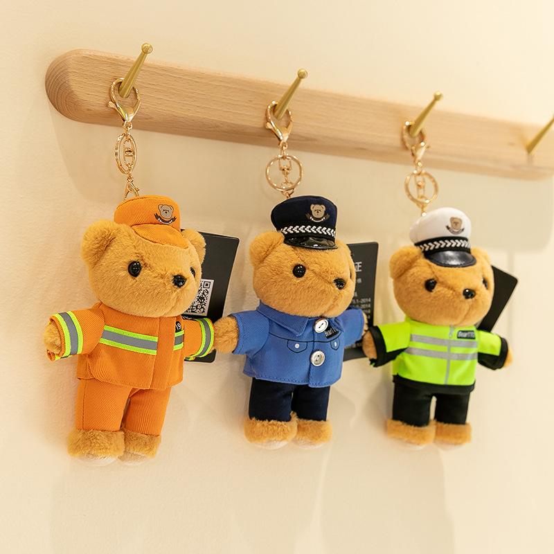 Cartoon Police Bear Plush Pendant Traffic Police Activity Gift Firefighter Bear Keychain Backpack Hanging Decoration