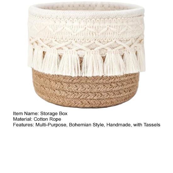 Boho Makeup Brush Holder Knotted Cord Tabletop Organizer with Tassels Handmade Circular Woven Basket for Office Desk Home Bedroom Dresser