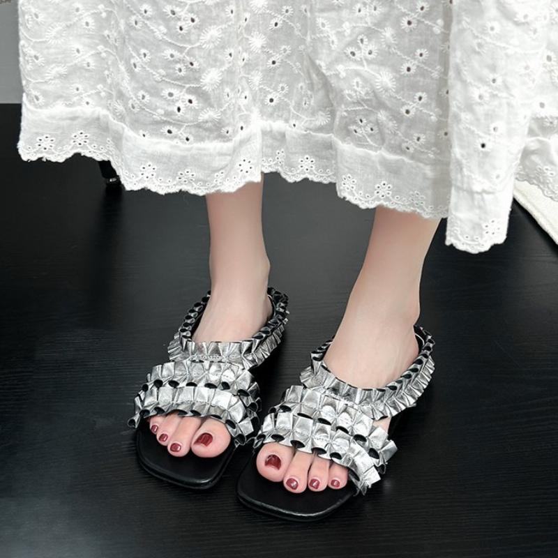 Fashion Fashion Gold Pleated Designer Slippers Women Summer Sexy Open Toe Slide Sandals Comfort Non Slip Beach Sandal Sandalias De Mujer