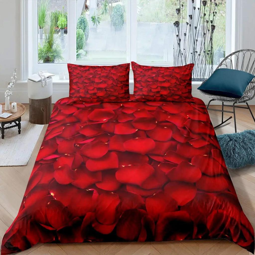 Valentine's Day Rose Duvet Cover Set Romantic Couple Theme Bedding Set 3D Rose Comforter Cover Set Love Bedspread Twin King Size