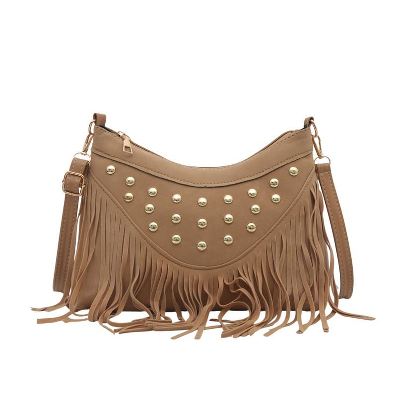 Ethnic style matte small bag women's new fashion rivet personalized tassel retro shoulder crossbody dumpling bag