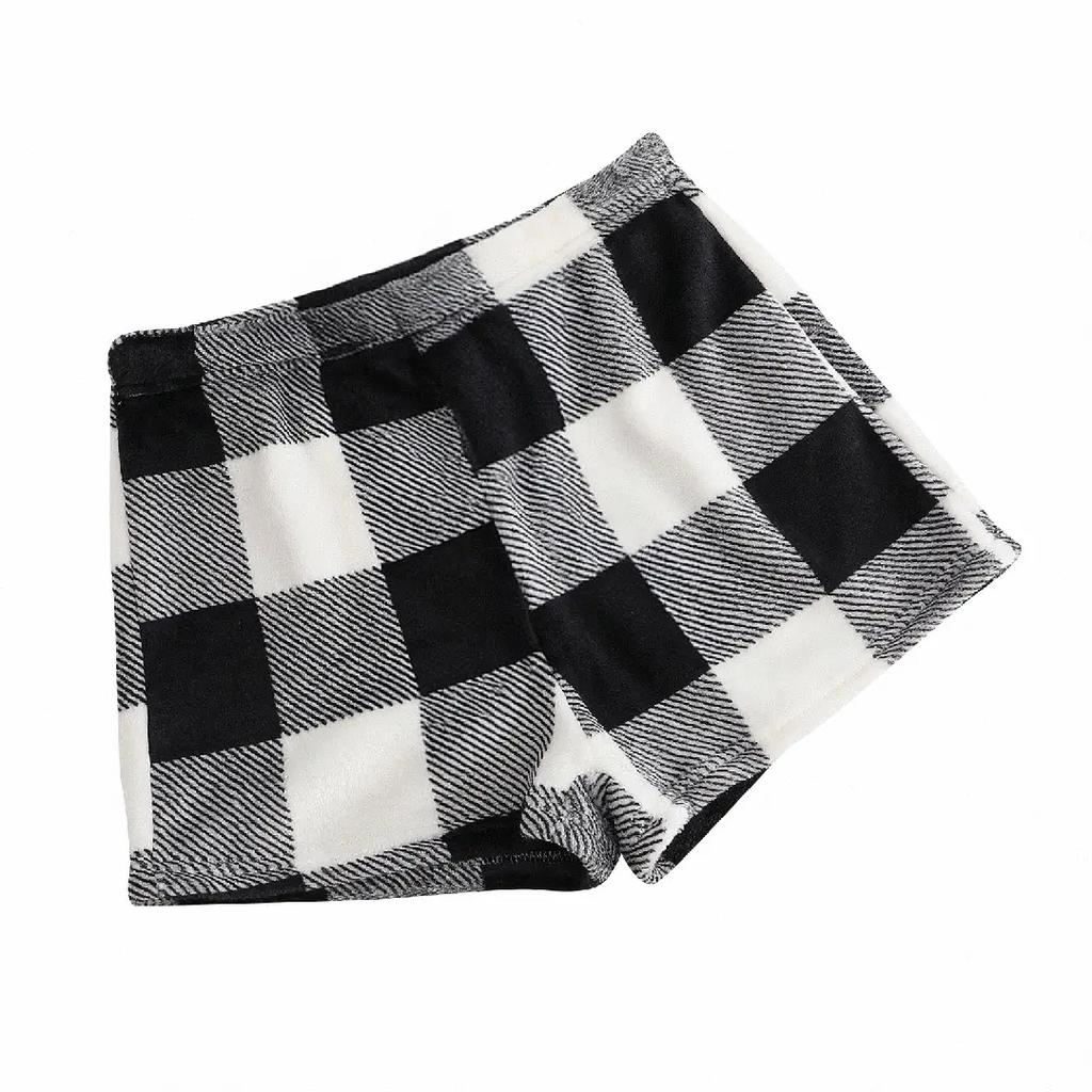 Women Pajama Shorts Plush Sleep Shorts Soft Elastic Waist Pajama Bottoms Plaid Pants