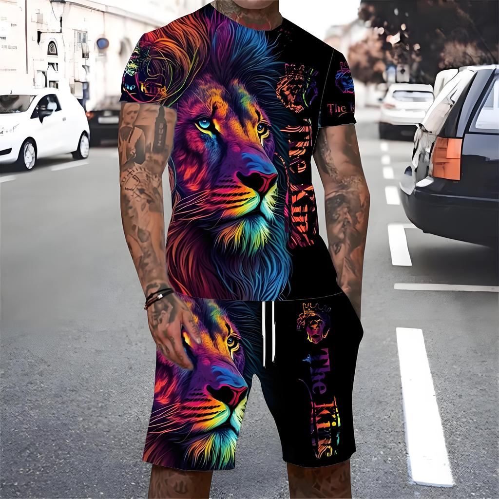 Trendy Lion Graphic Short Sleeve Top Drawstring Shorts Set Summer T-shirt Pocket Shorts 2-piece Set Oversized Men's Clothing