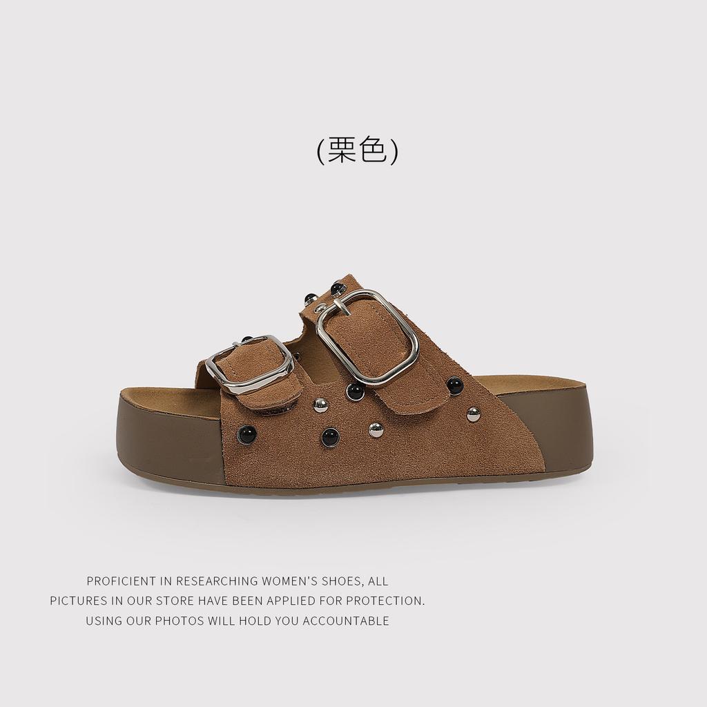 Cattle Velvet Rivet Holiday Retro One-Pedal Birkenstocks Thick-Soled Heightening Shoes