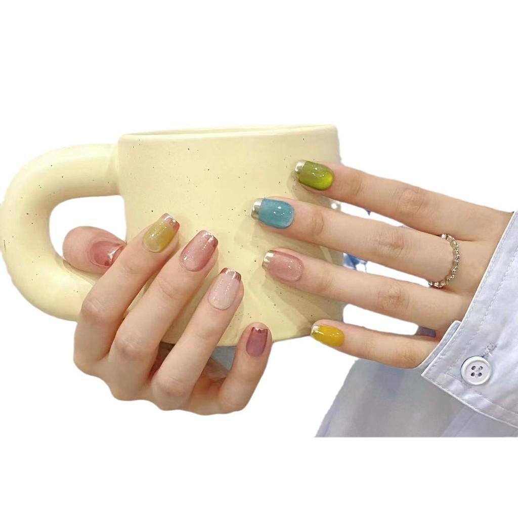 HANDMADE Artificial Nail Dopamine Ice Glass Rainbow Cat's Eye Phototherapy Nails Fake Nails Reusable and Removable Nails