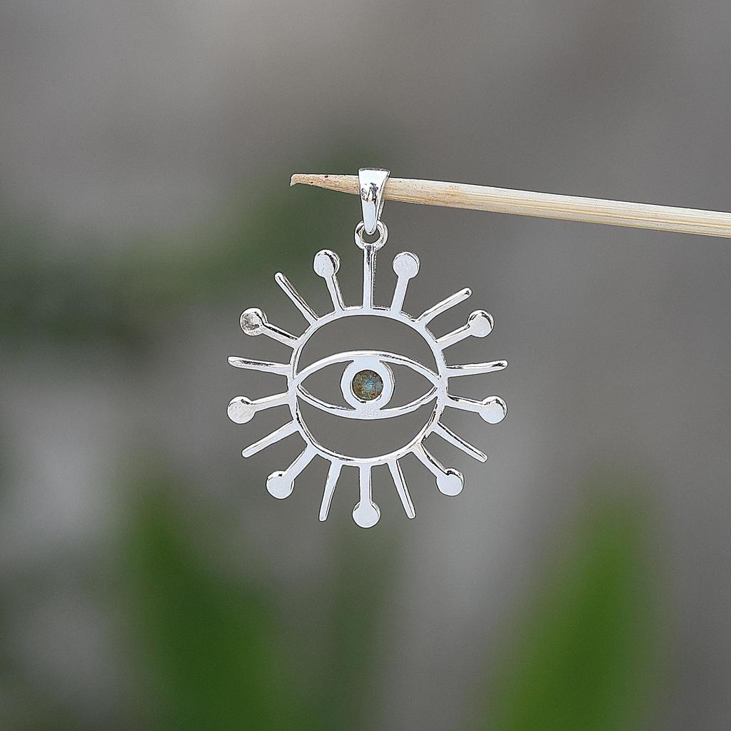 Labradorite Gemstone Evil Eye Sun Pendant 925 Sterling Silver Handmade Jewelry Unisex Pendant