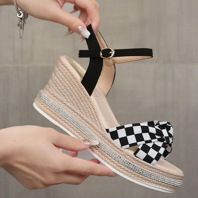 Sandały na koturnie Damskie Letnie Wysokie Obcasy Peep-toe Krata Moda Jedno Słowo Pasek z Klamrą Wodoodporna Platforma Buty Damskie