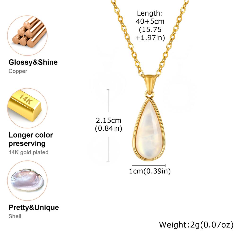 Chamrs Necklace for Women, Nature White Shell Inlay, Dropwater Heart Square Pendant Necklace, Stainless Steel Waterproof Jewelry