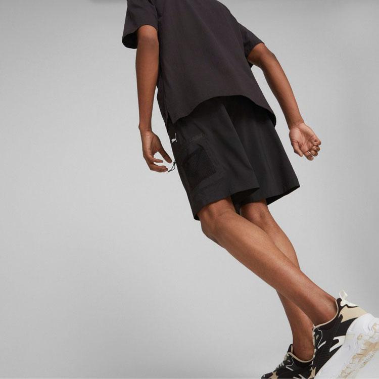 Puma Solid Color Logo Print Mid Rise Drawstring Straight Leg Casual Shorts Men Shorts Black 675581-01