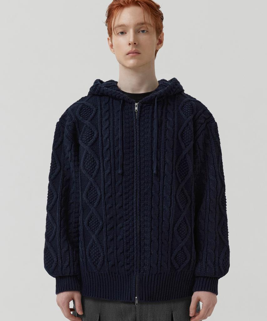 TRILLION Washable Aran Cable Hooded Zip-Up Knit (Current Navy)