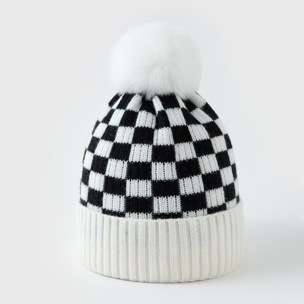 Plaid Knitted Pullover Hat With Fleece Lining Ear Flap Warm Winter Autumn Hat