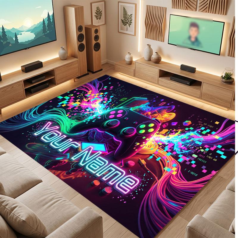Neon Colorful Theme Crystal Velvet Floor Rug Personalized Custom Name Text Warm Carpet Home Decoration