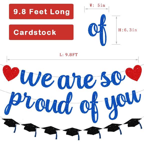 Pre-Strung We Are So Proud of You Banner Garland for Veterans Day Congratulation Graduation Party, NO DIY Black and Blue Glittery Letter Hat Sign for