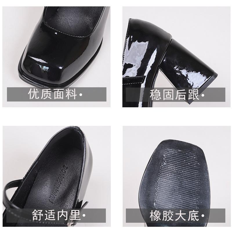 New Women's Shoes Mary Jane Shoes Black Small Leather Shoes Women's Thick Heels Square Head High Heels Women